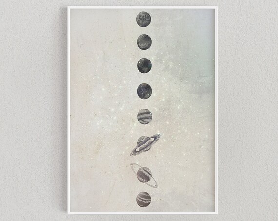 Minimalist Black and White Planets Space Print Vertical Solar System Art