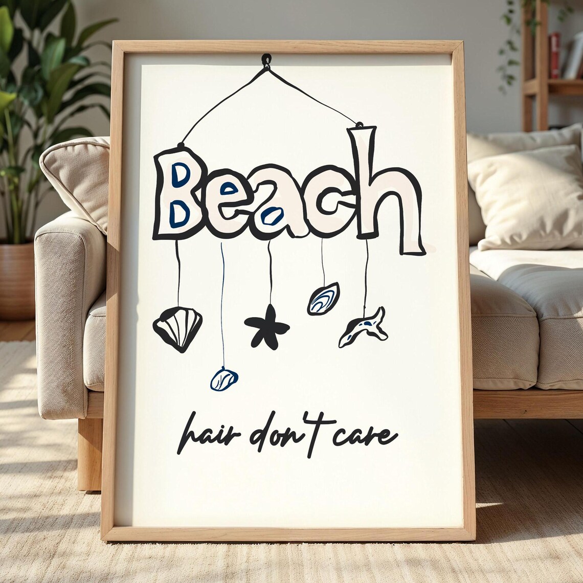 Beach Hair Dont Care Coastal Typography Poster With Seashell Mobile Decor