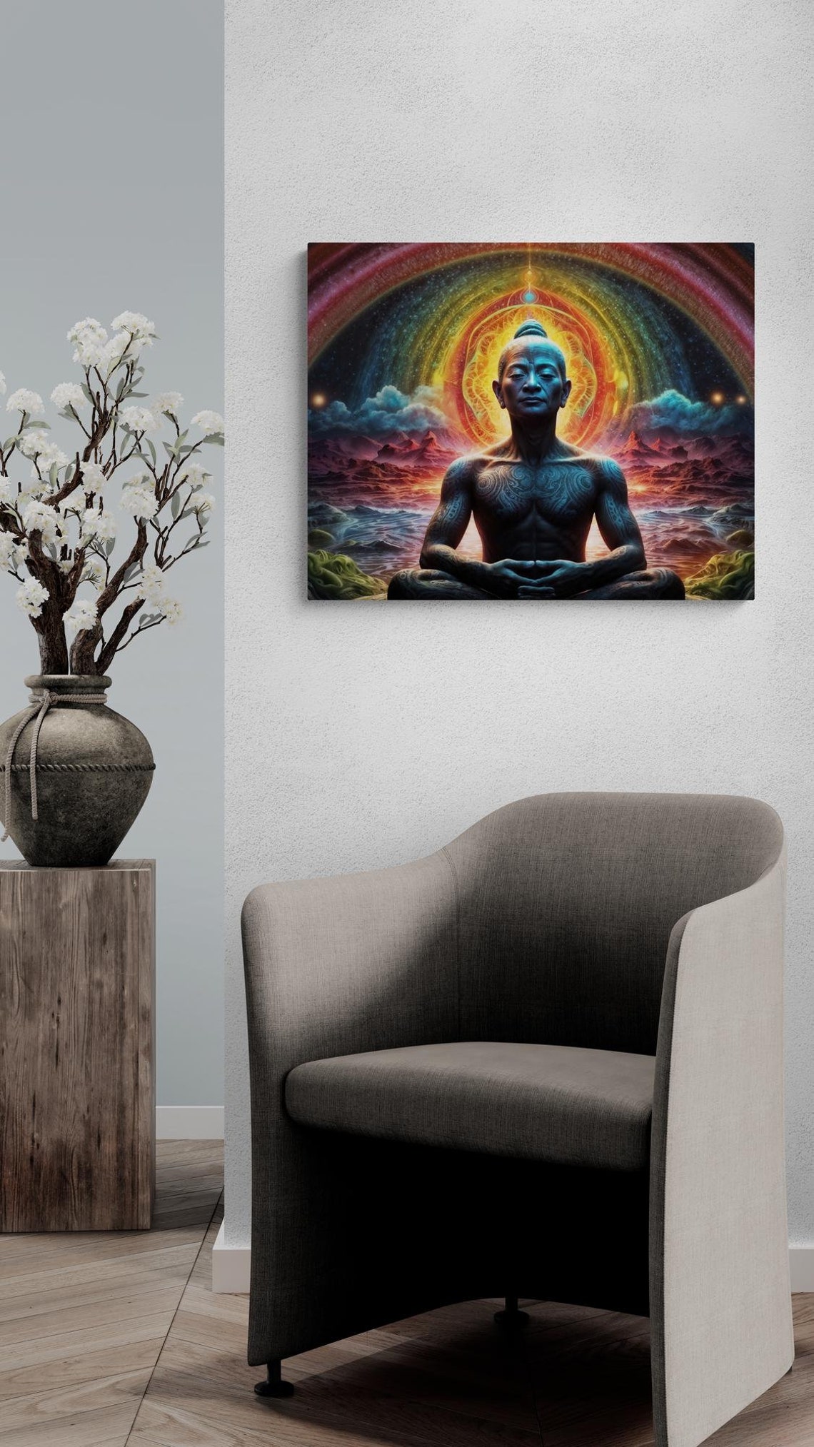 Zen Meditating Monk with Cosmic Rainbow Aura Spiritual Poster