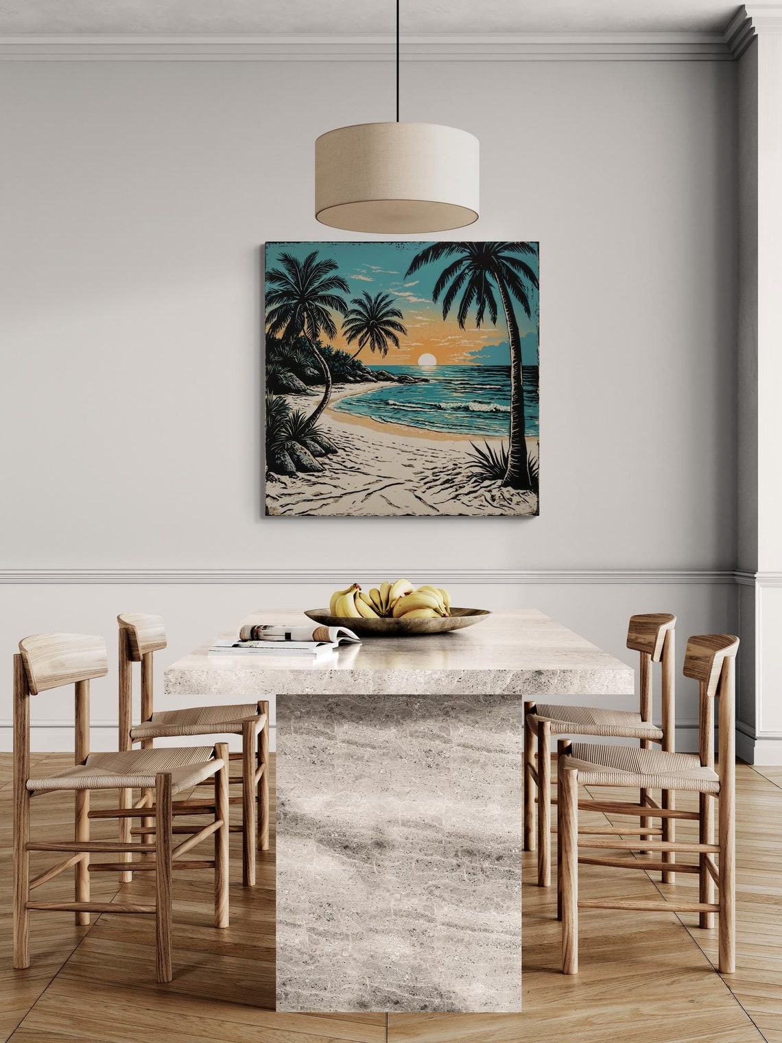 Retro Sunset Palm Trees Beach Tropical Seascape Vacation Print