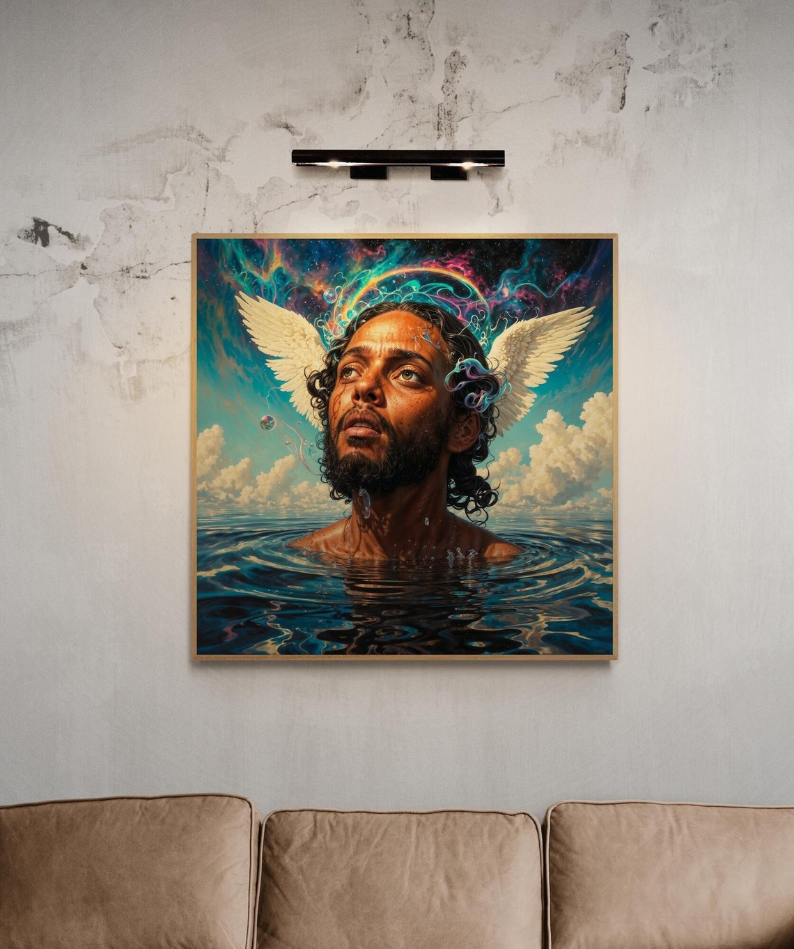 Adam Rising from Ocean Gazing at Heavens Surreal Spiritual Poster