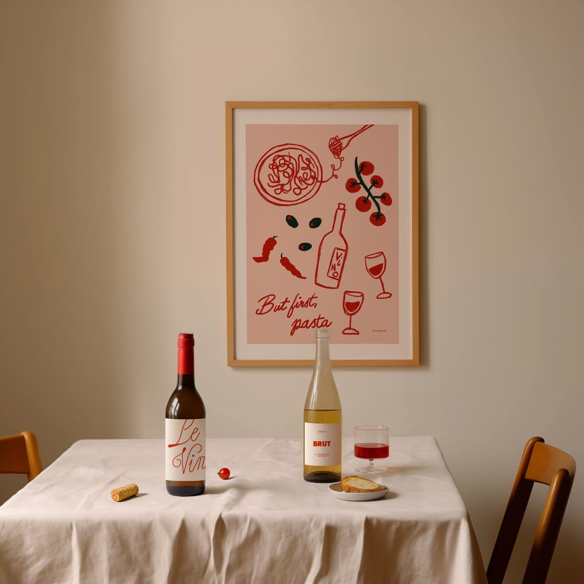 But First Pasta Cute Italian Food Illustration Doodles Pink Poster - Image 3