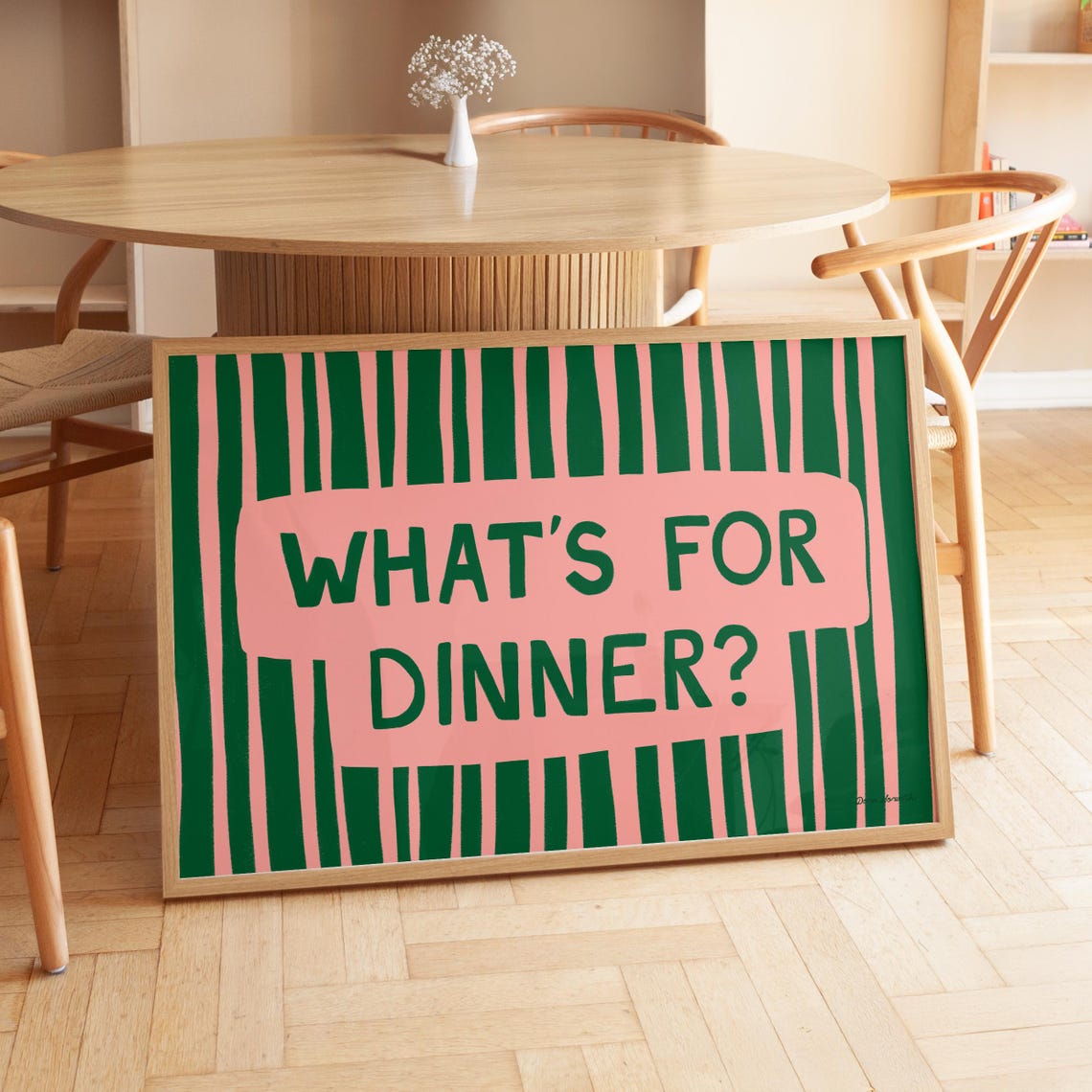 Whats For Dinner Green Pink Striped Funny Kitchen Quote Poster - Image 3