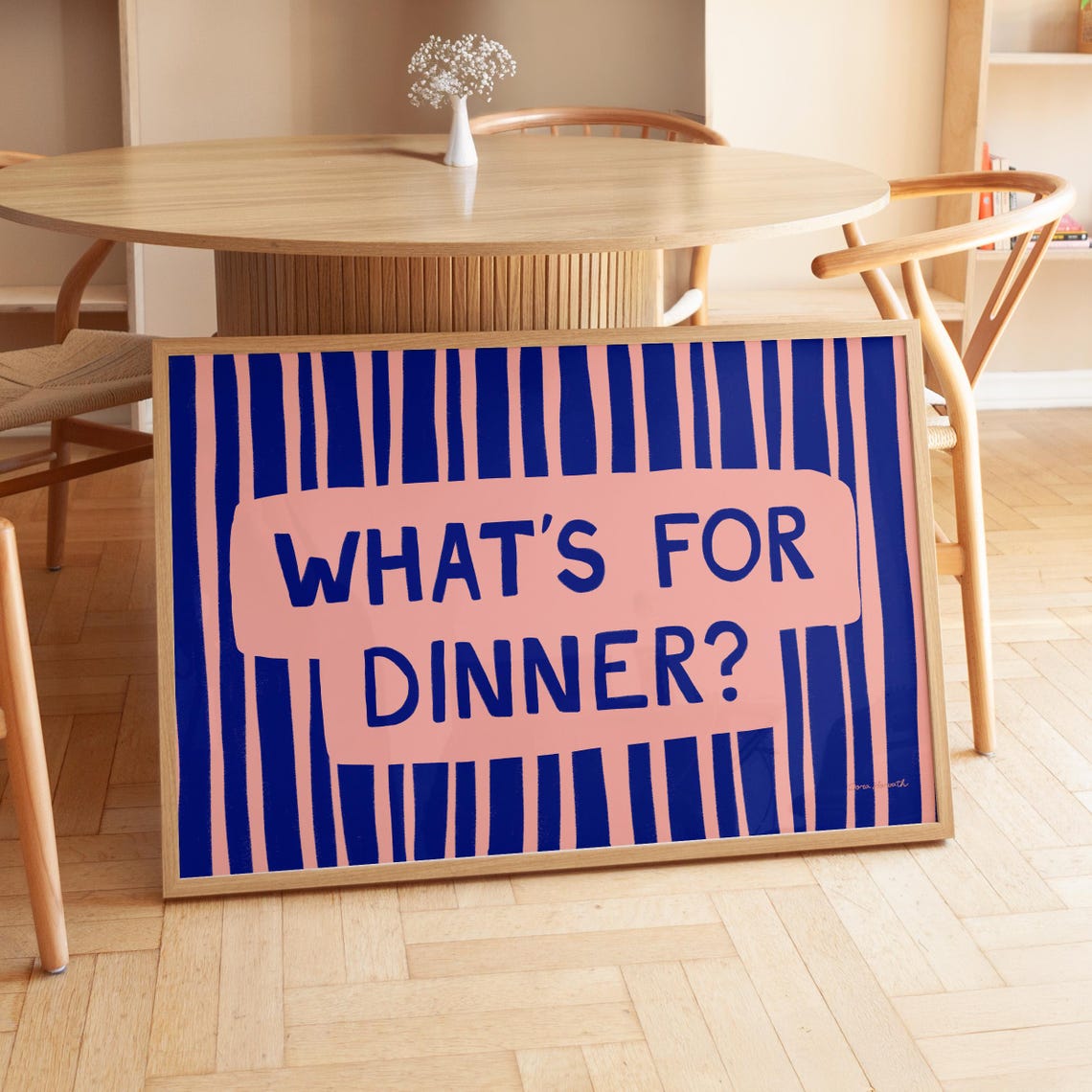Whats For Dinner Navy Blue Pink Striped Fun Bold Kitchen Wall Art - Image 3