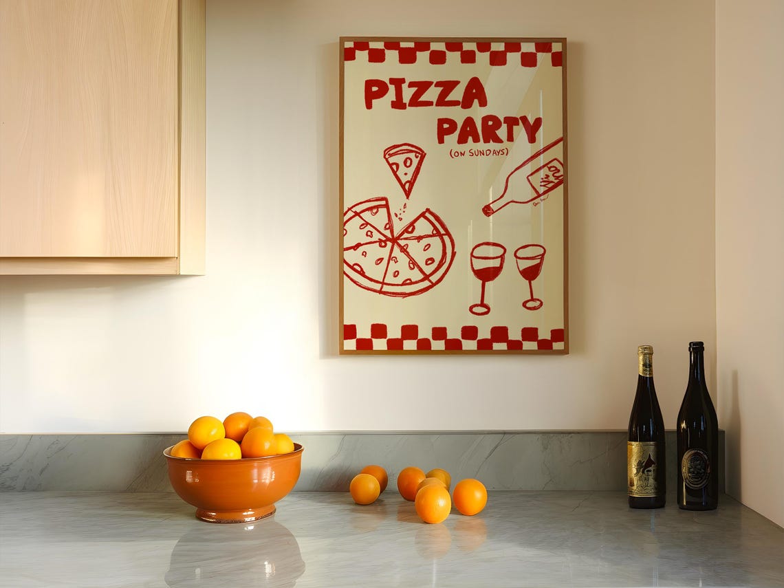 Pizza Party On Sundays Red Retro Kitchen Food Fun Art Poster