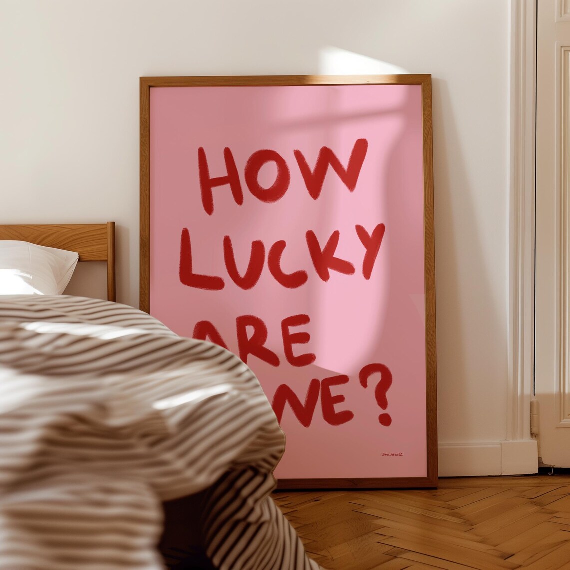 How Lucky Are We Bold Red Pink Trendy Affirmation Art Poster - Image 4