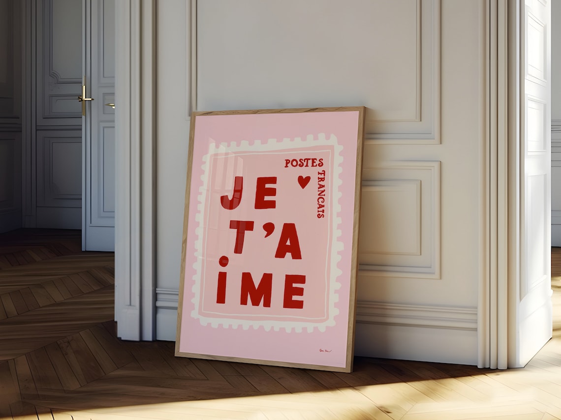 Je Taime French Postage Stamp Retro Red Heart Romantic Love Wall Art