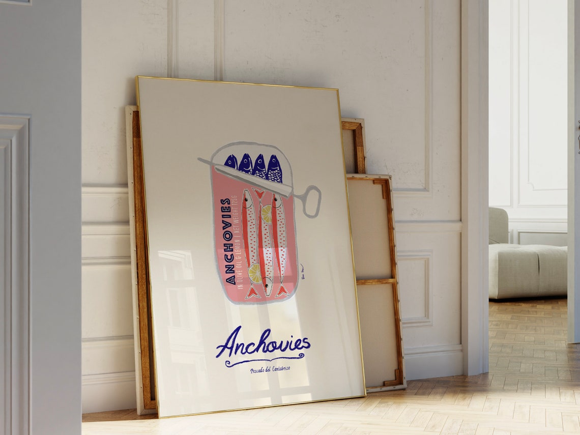 Anchovies Print Fish Kitchen Wall Art Sardine Tin Poster Seafood Print Italy Retro Food Art Vintage Foodie Gift Food Art Kitchen Decor
