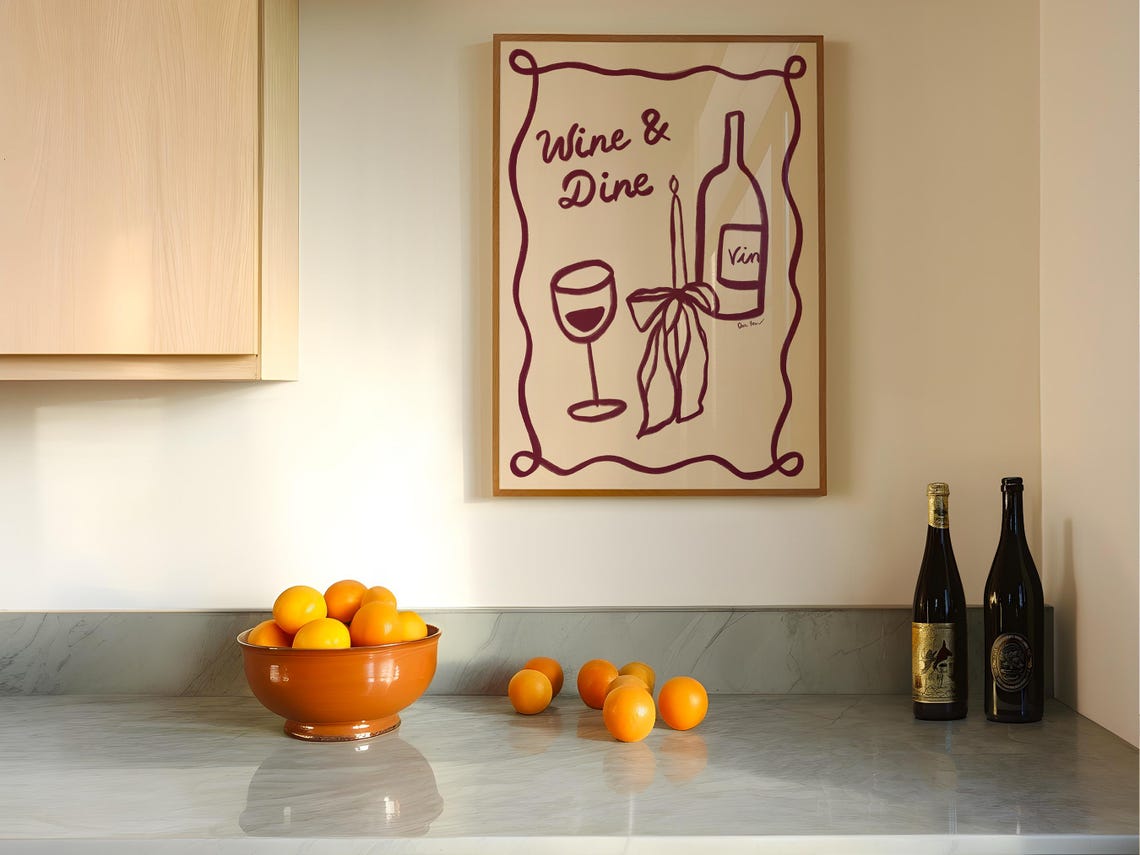 Wine And Dine Burgundy Line Art Candle Bottle Glass Dinner Wall Art