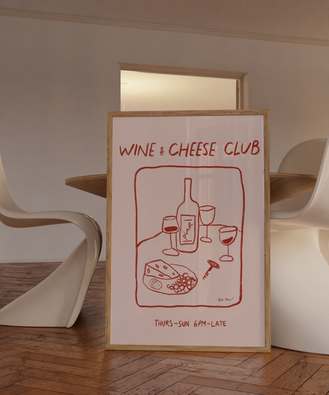 Wine And Cheese Club Pink Hand Drawn Red Line Art Wine Tasting Poster - Image 4