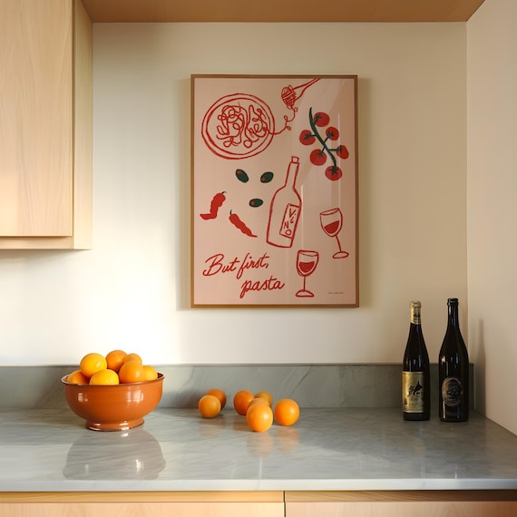 But First Pasta Blush Pink Line Art Italian Food Wine Lover Poster