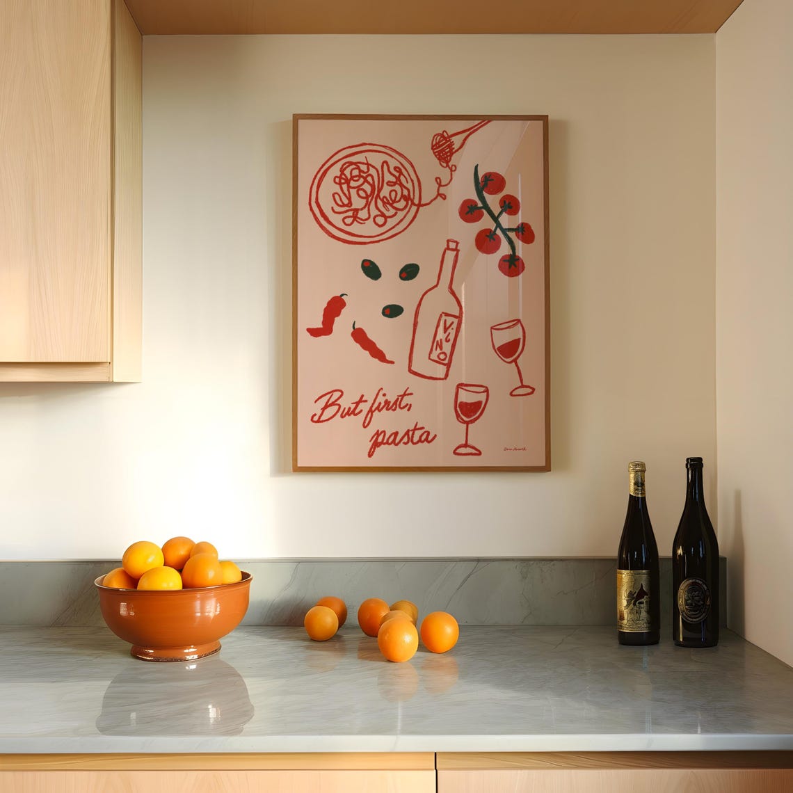But First Pasta Blush Pink Line Art Italian Food Wine Lover Poster