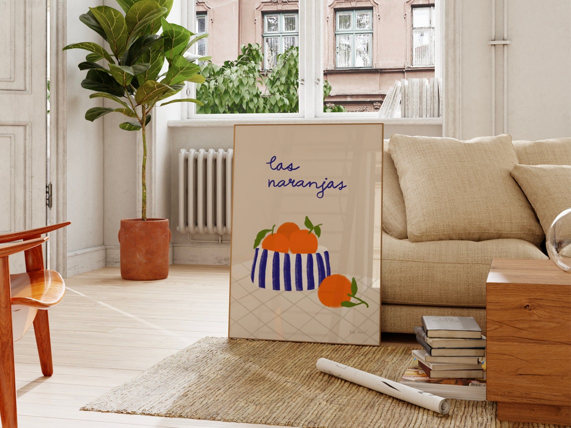 Las Naranjas Oranges in Striped Bowl Blue Brush Kitchen Poster - Image 3