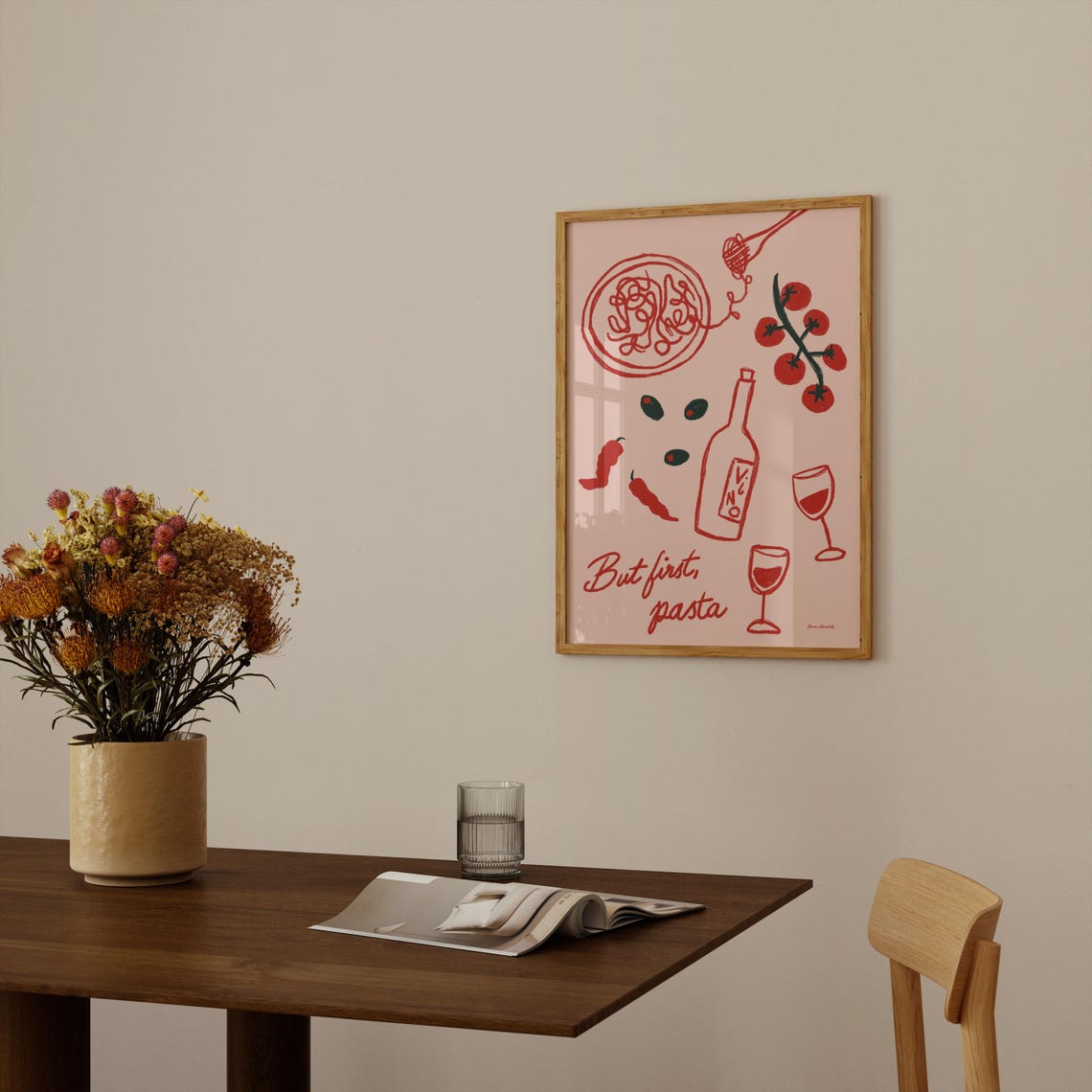 But First Pasta Blush Pink Line Art Italian Food Wine Lover Poster - Image 2