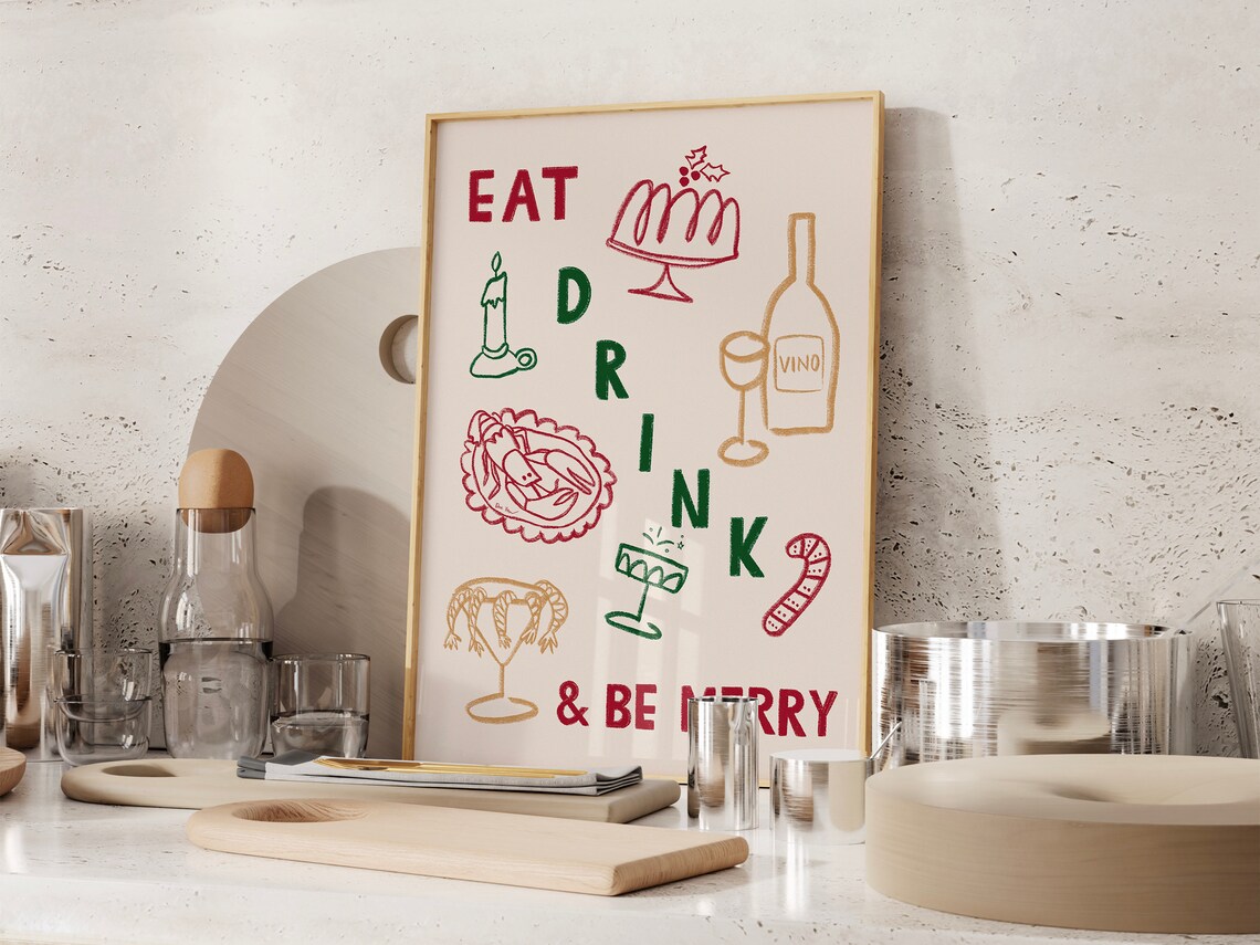 Eat Drink and Be Merry Christmas Food Doodle Illustrations Poster - Image 4