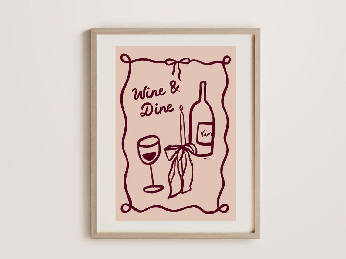 Wine And Dine Pink Squiggle Border Wine Illustration Fun Poster - Image 4