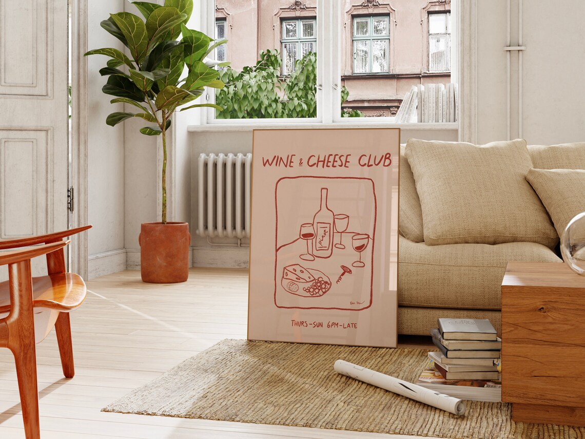 Wine and Cheese Club Red Line Art Pinot Glasses Dinner Party Poster - Image 2