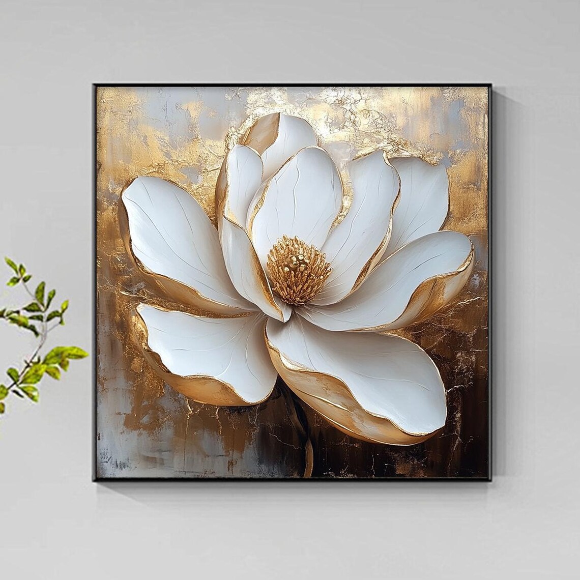 White Flower Oil Painting, White And Gold Art Print