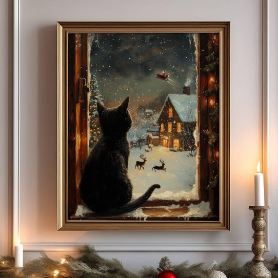 Black Cat Watching Santa Claus Christmas Poster