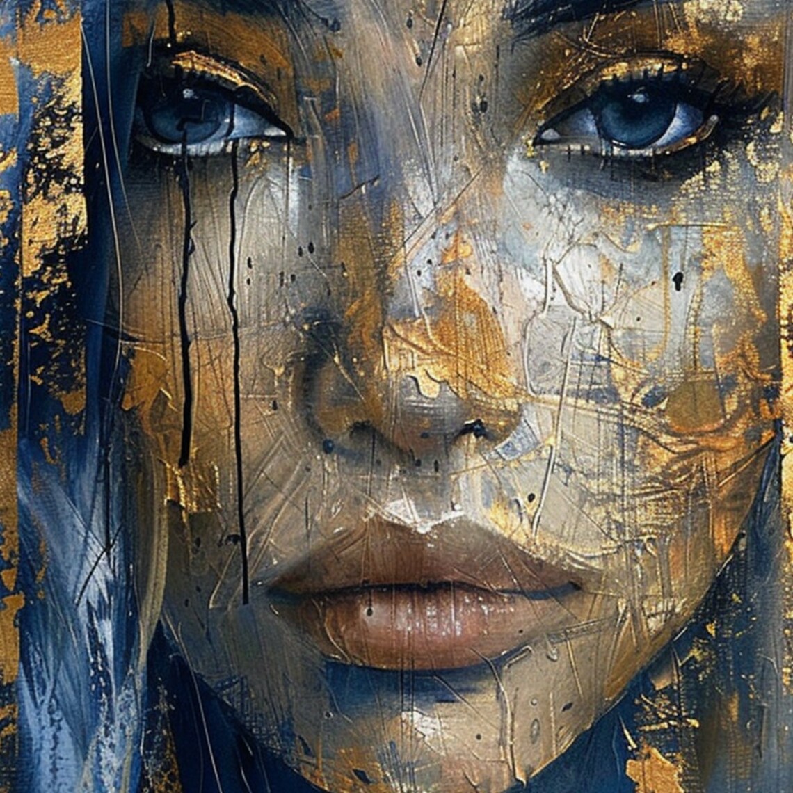 Woman Face Closeup Gold Blue Textured Abstract Portrait Poster - Image 6