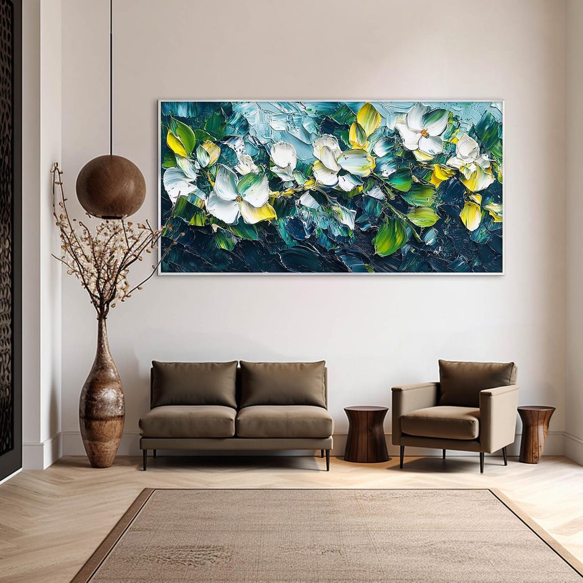 White Blossoms on Deep Teal Textured Floral Oil Painting Poster - Image 4