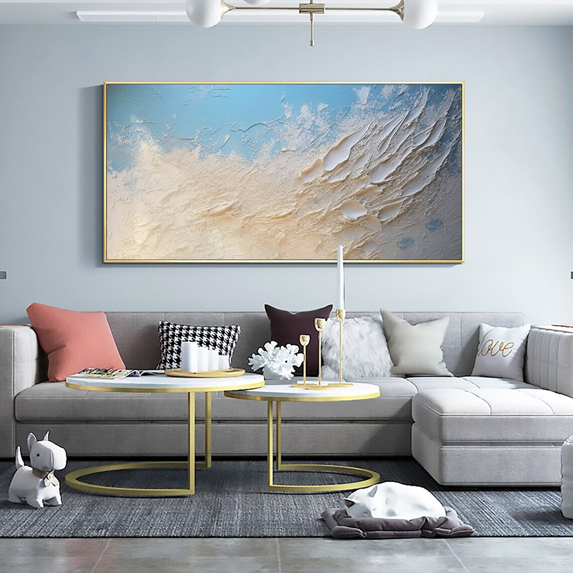 Ocean Wave Foam Abstract in Blue Cream Textured Oil Painting Poster - Image 3