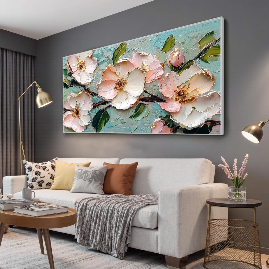 Pink Blossoms on Branches Over Teal Impasto Floral Oil Painting Poster - Image 7