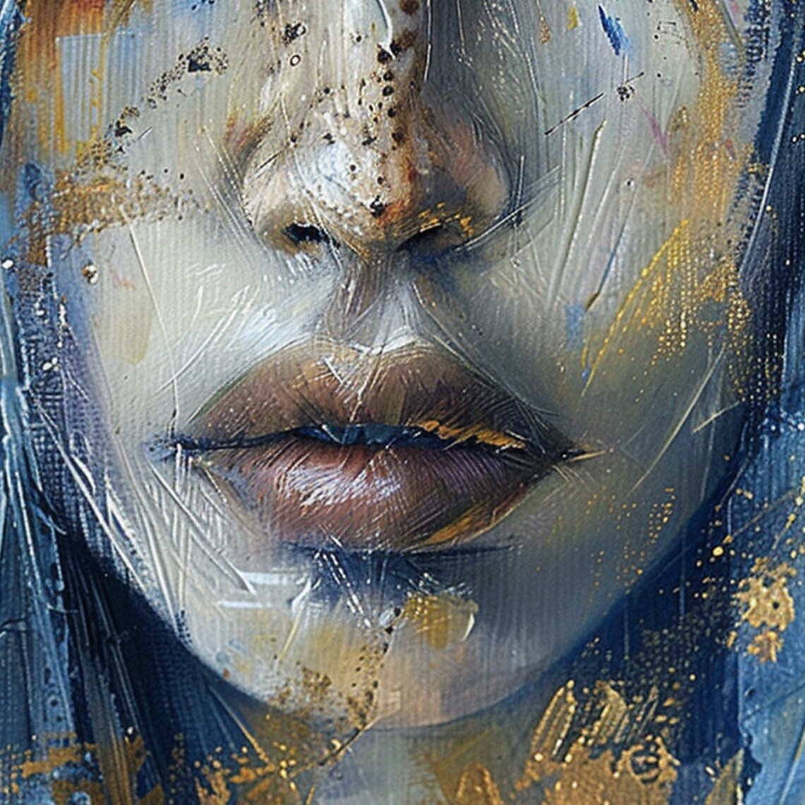 Blue Eyed Woman Face Gold Accents Textured Portrait Art Poster - Image 6