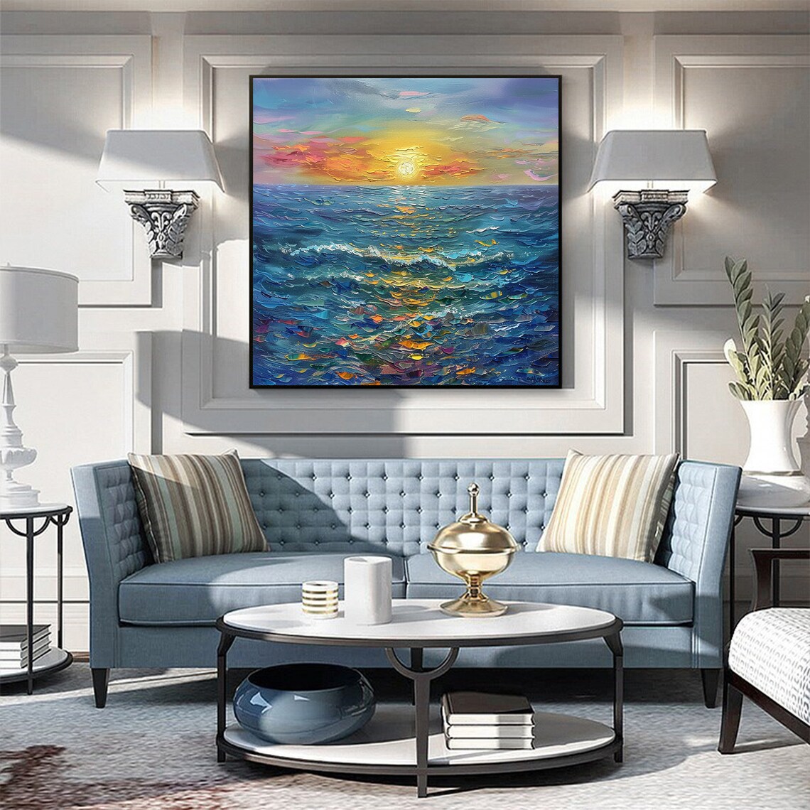 Bright Sun Over Textured Blue Ocean Waves Seascape Oil Painting Poster - Image 3