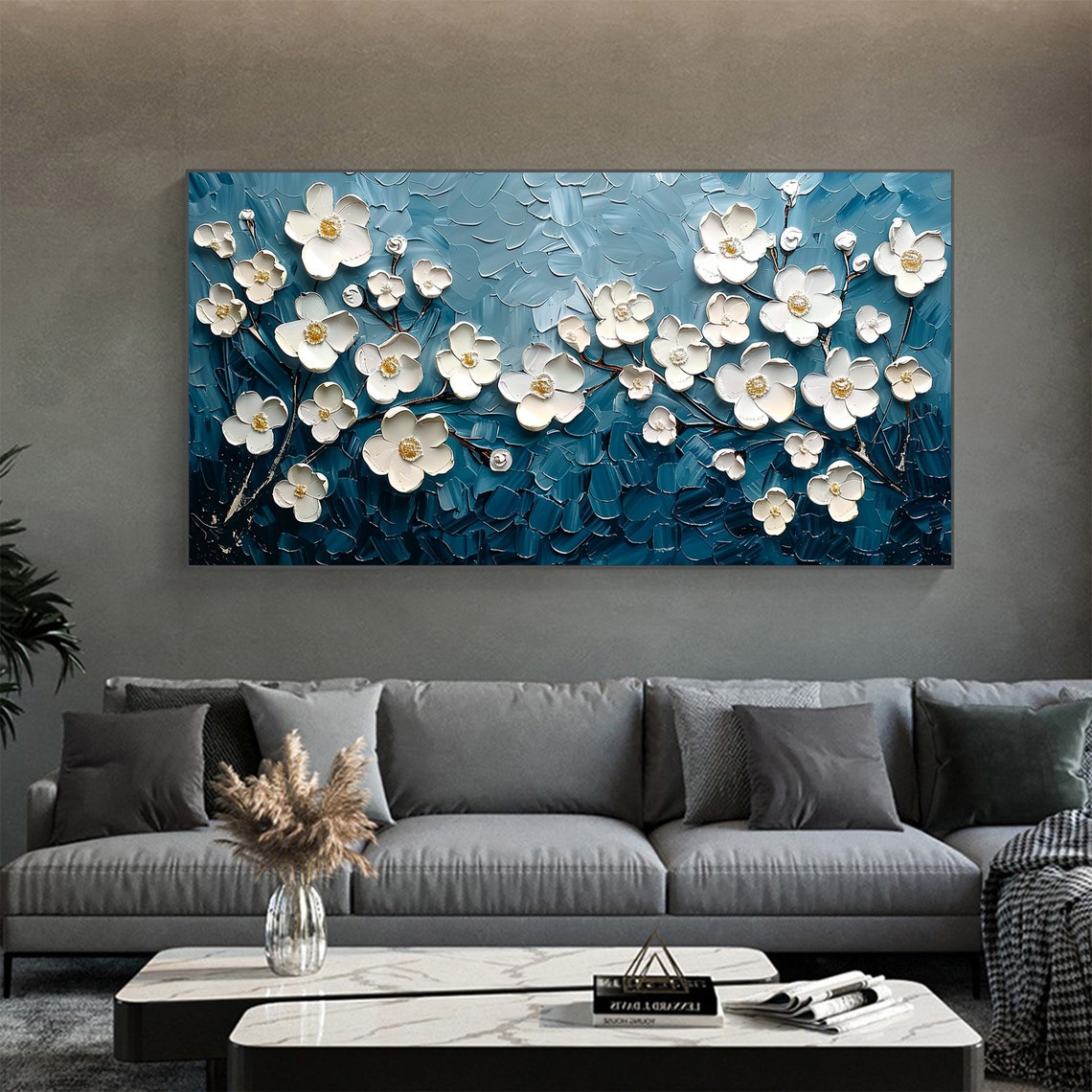 White Blossom Branches on Teal Blue Textured Oil Painting Poster - Image 3
