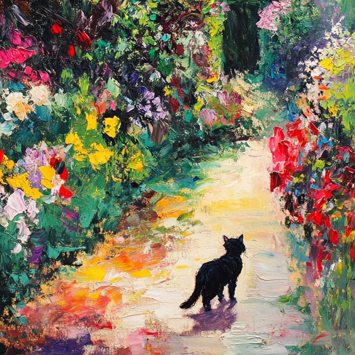 Black Cat on a Flower Garden Path Impressionist Oil Painting Poster - Image 6