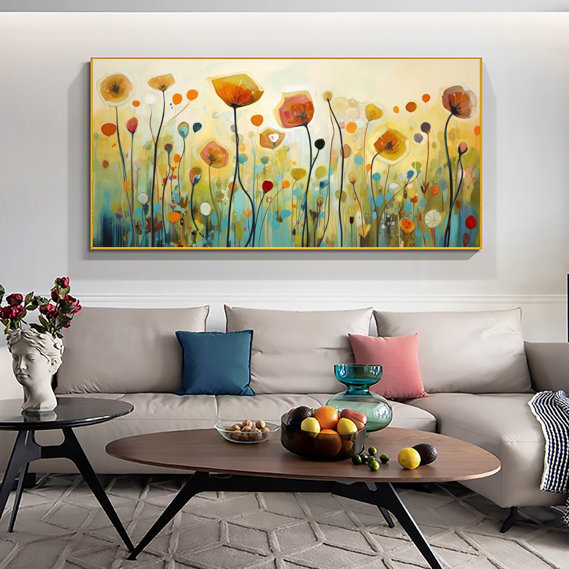 Orange Poppy Meadow Tall Stems Teal Green Floral Field Poster - Image 5