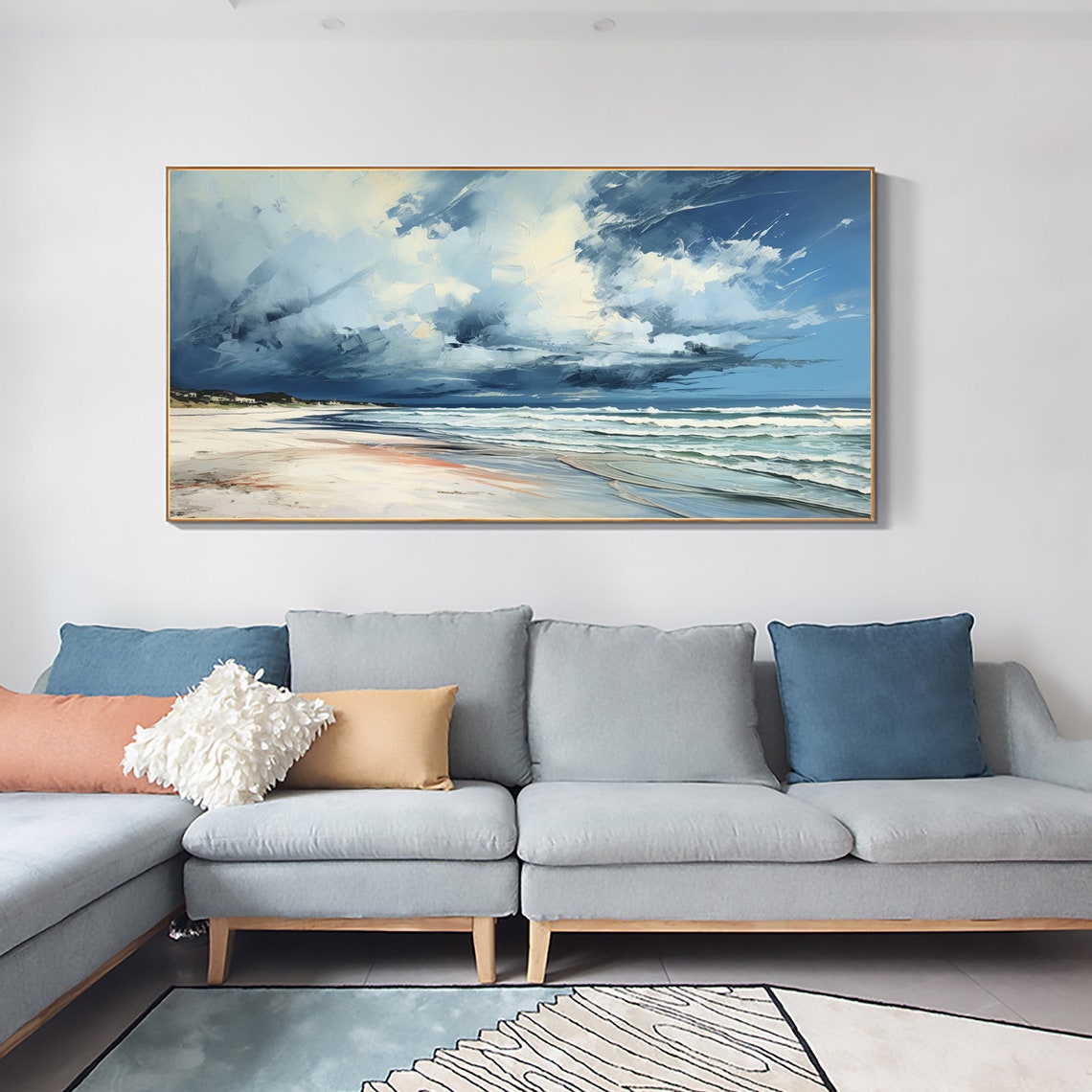 Dramatic Clouds Over a Calm Blue Beach Seascape Oil Painting Poster - Image 4