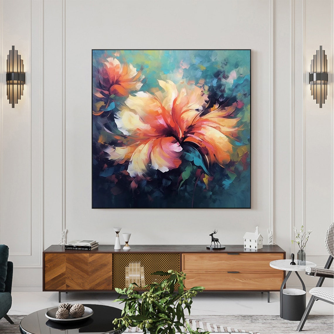 Orange Blossom Abstract Floral on Dark Teal Oil Painting Poster - Image 8