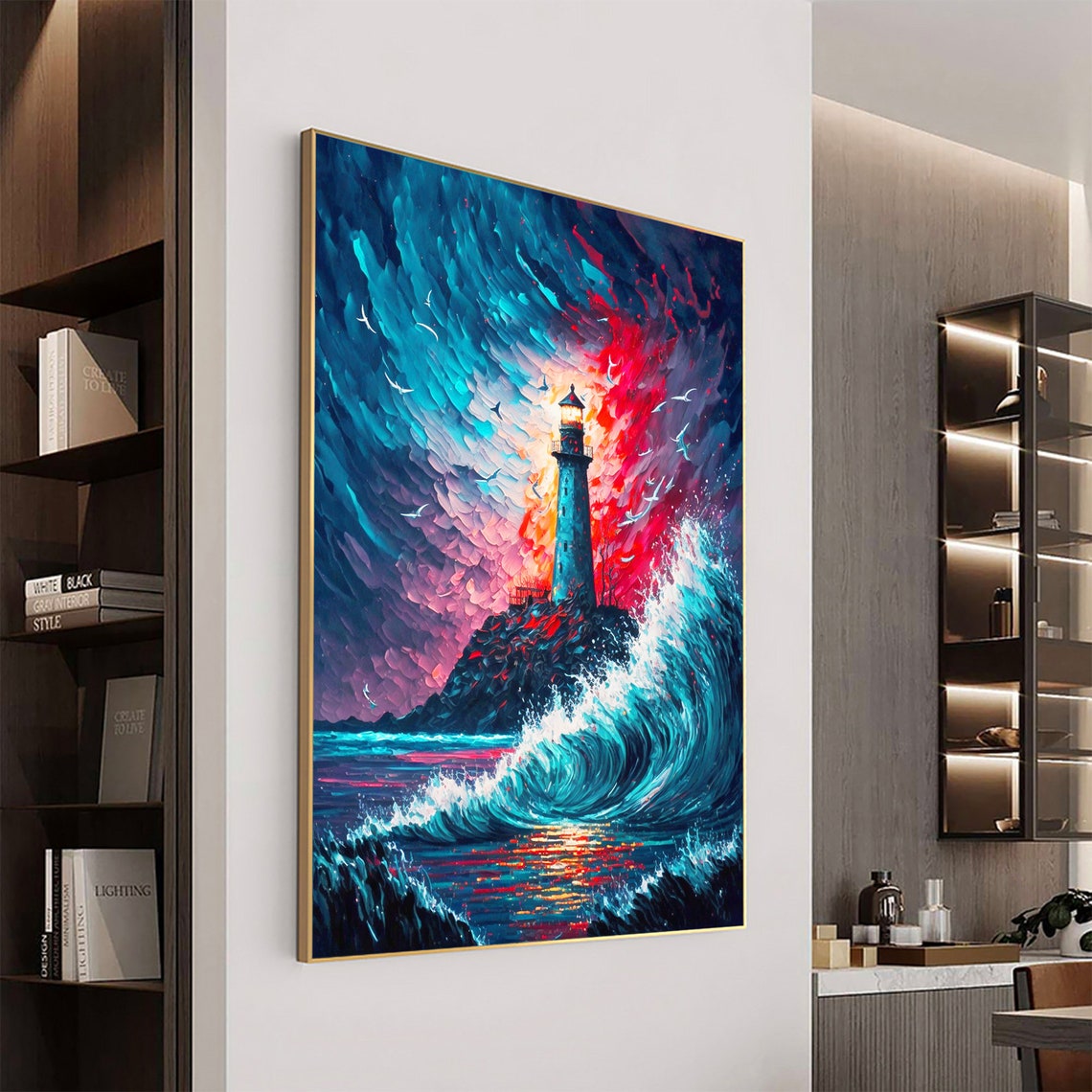 Original Lighthouse Oil Painting On Abstract Seascape Painting Large Wall Art Boho Decor Custom Painting Living Room Wall Decor - Image 7