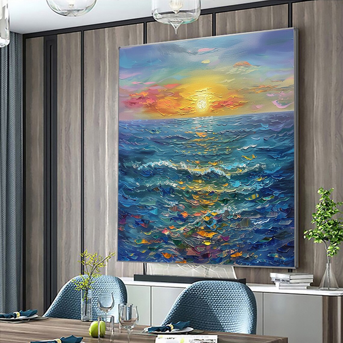 Bright Sun Over Textured Blue Ocean Waves Seascape Oil Painting Poster - Image 7