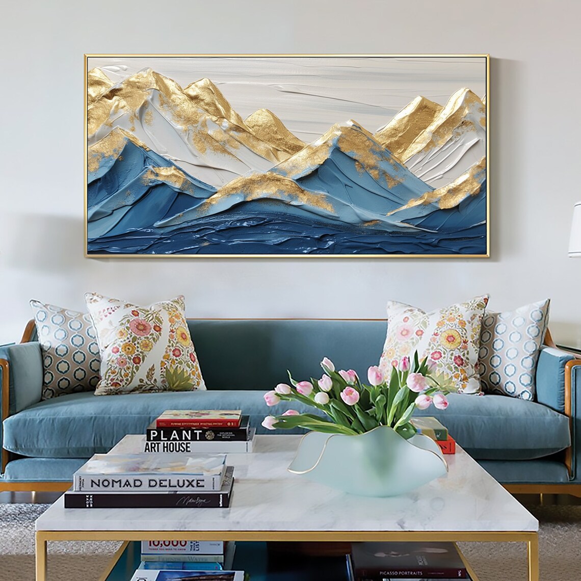Gold Highlighted Blue Mountain Peaks Textured Impasto Oil Poster - Image 8