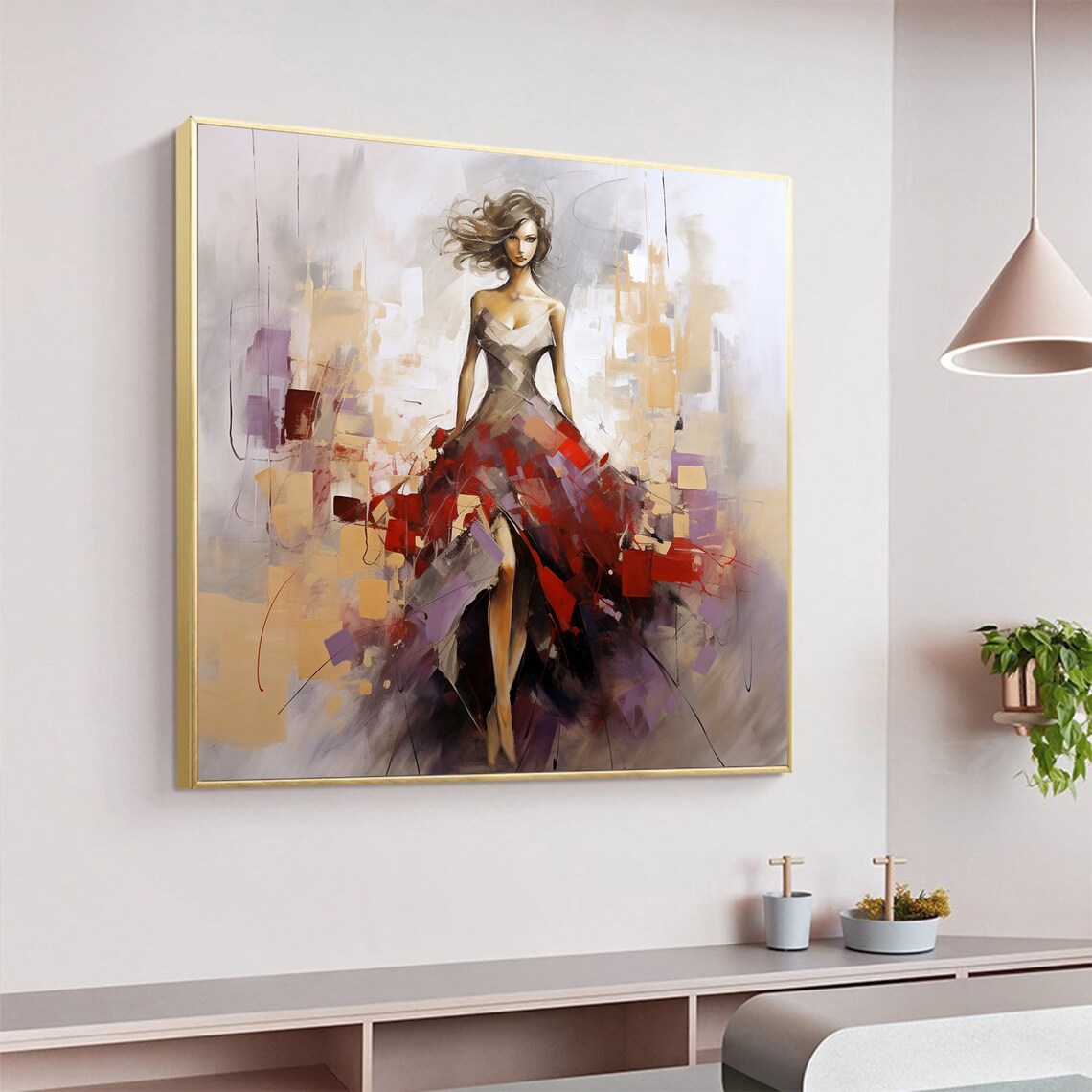 Woman in Red Gown Flowing Abstract Fashion Portrait Art Poster - Image 3