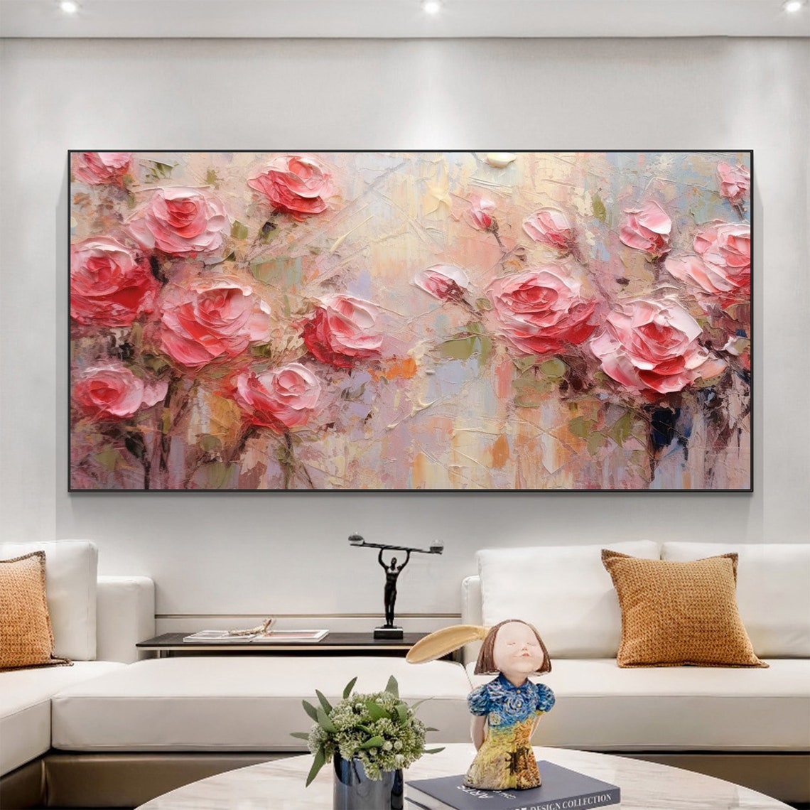 Blush Pink Rose Garden Impasto Bloom Floral Canvas Art Poster - Image 5