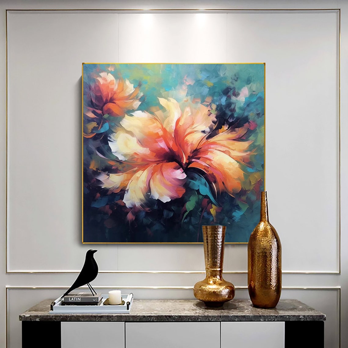 Orange Blossom Abstract Floral on Dark Teal Oil Painting Poster - Image 4