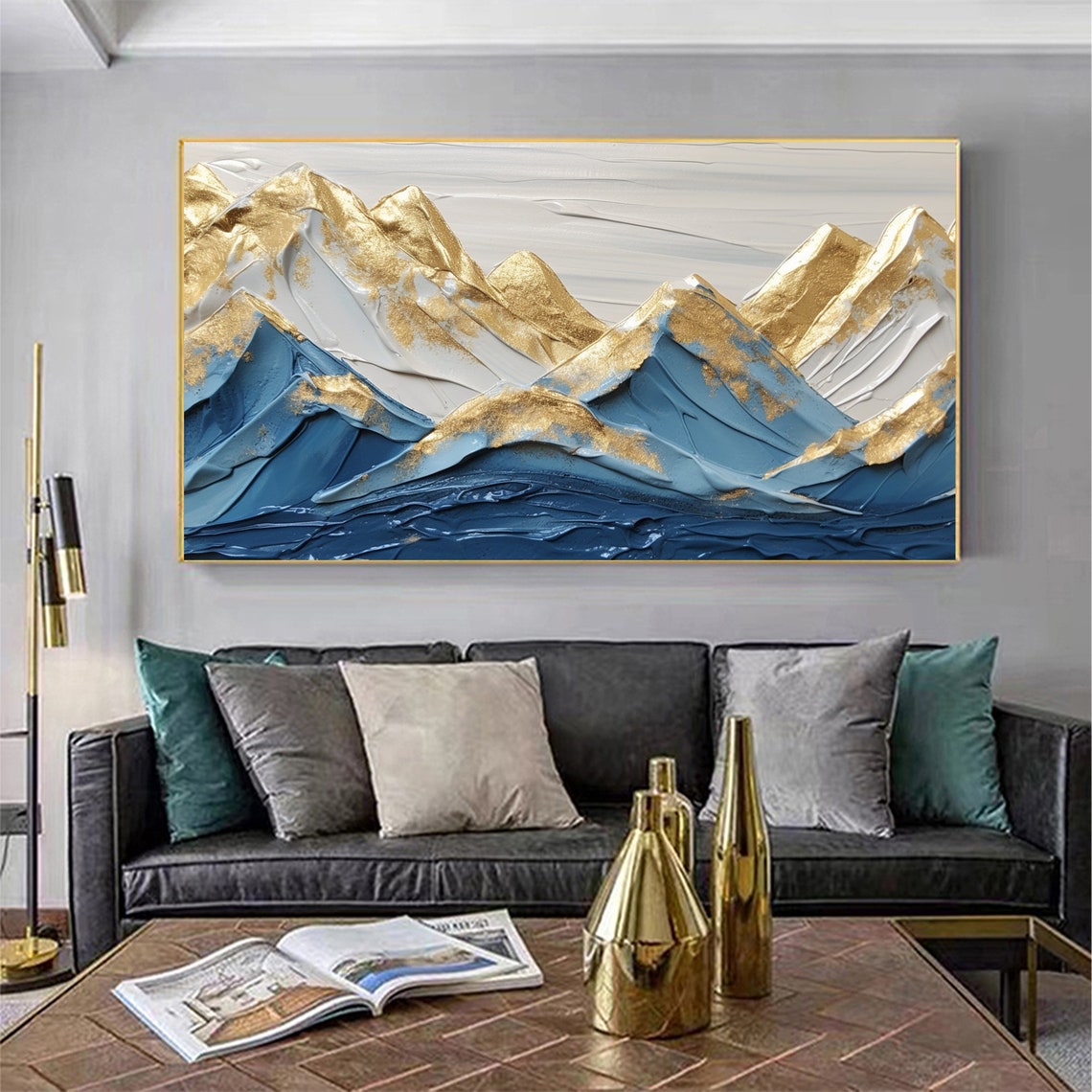 Gold Highlighted Blue Mountain Peaks Textured Impasto Oil Poster - Image 5