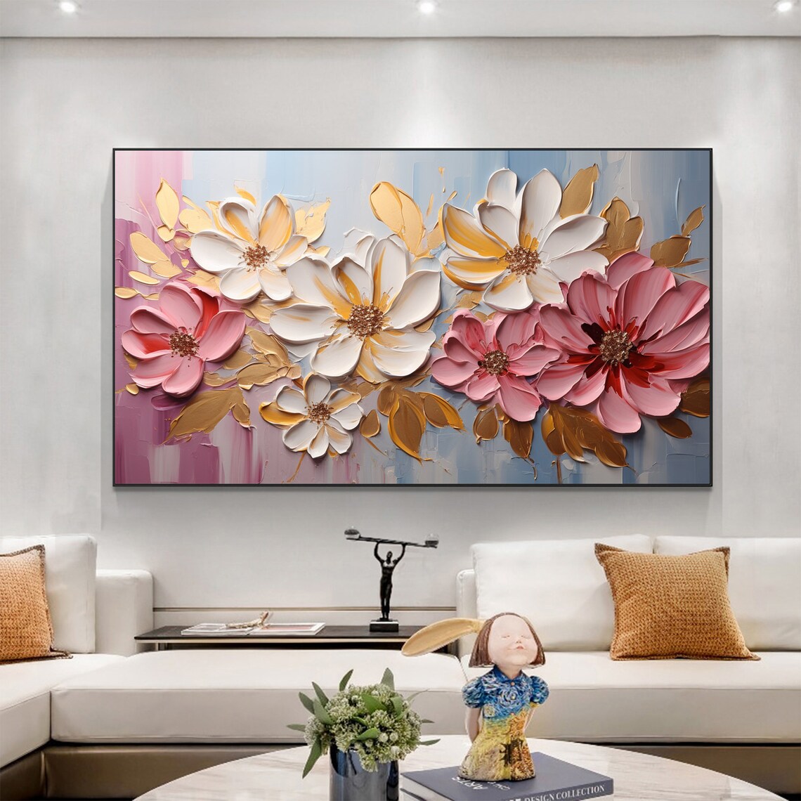 Pink and White Blossoms Gold Leaves Impasto Oil Painting Poster - Image 5