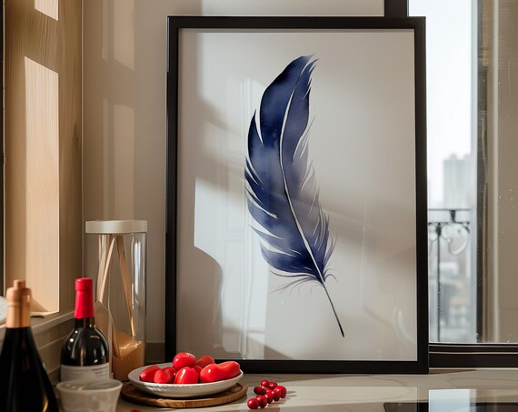 Navy Blue Feather Watercolor Bold Minimalist Elegant Art Poster