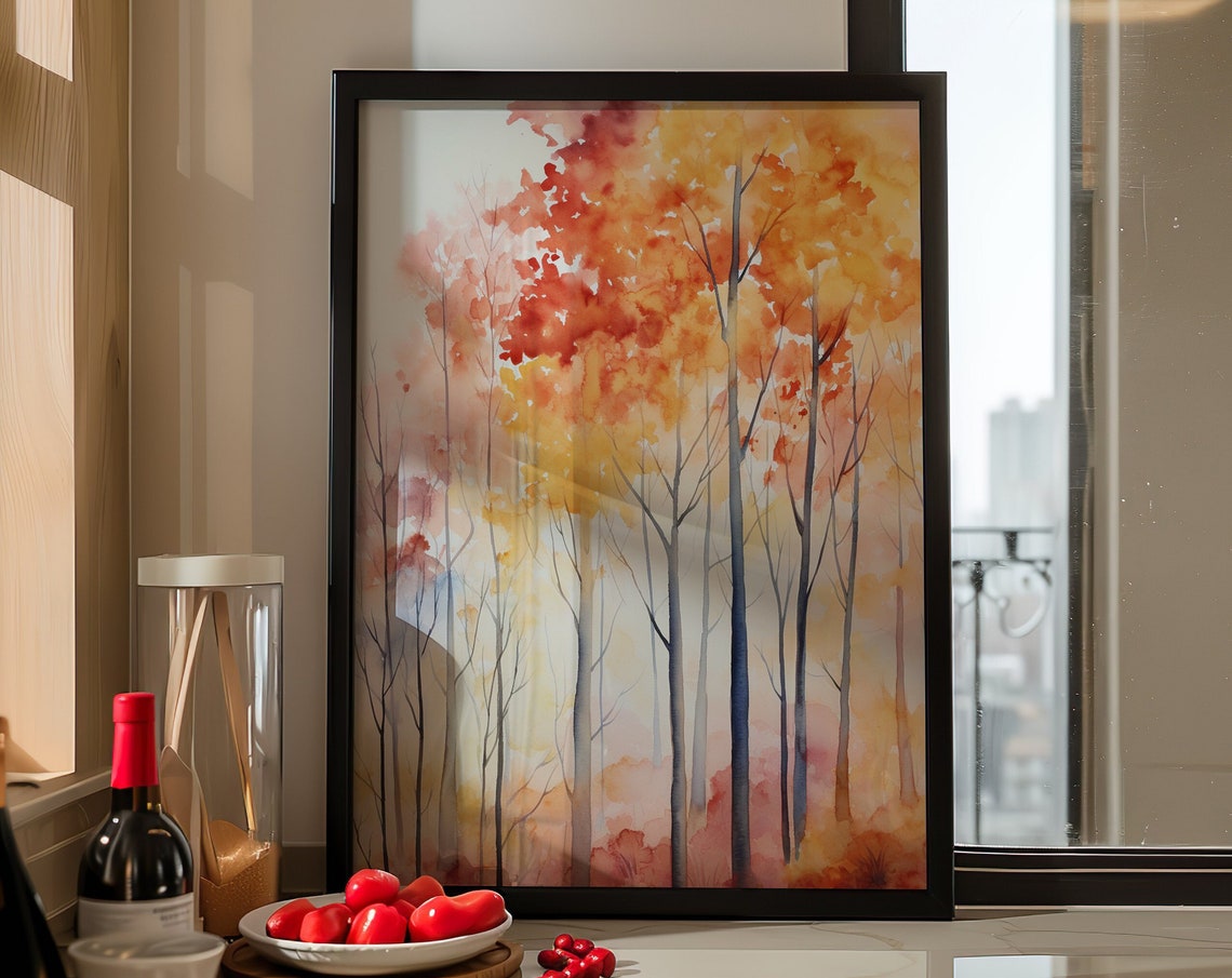Tall Autumn Trees Red Yellow Foliage Misty Watercolor Poster