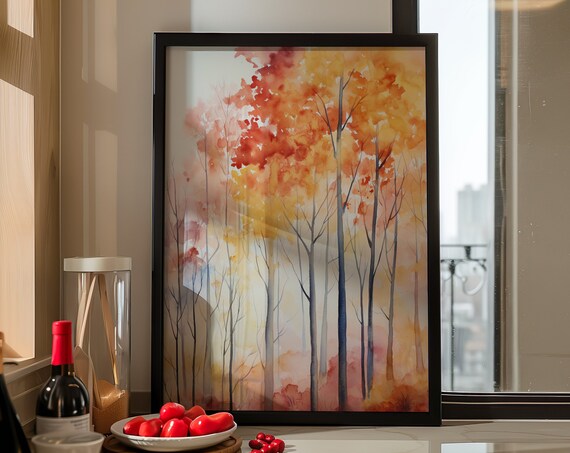 Tall Autumn Trees Red Yellow Foliage Misty Watercolor Poster
