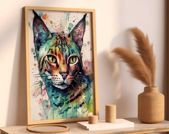 Wild Cat Watercolor Portrait Spotted Feline Splash Art Poster