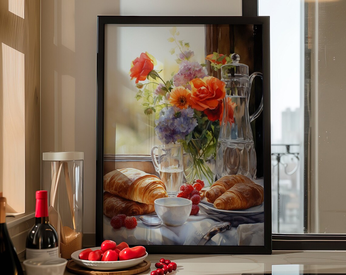 French Breakfast Still Life Croissants Watercolor Kitchen Art Poster