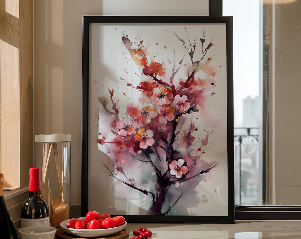 Expressive Pink Blossom Branch Watercolor Artistic Floral Poster