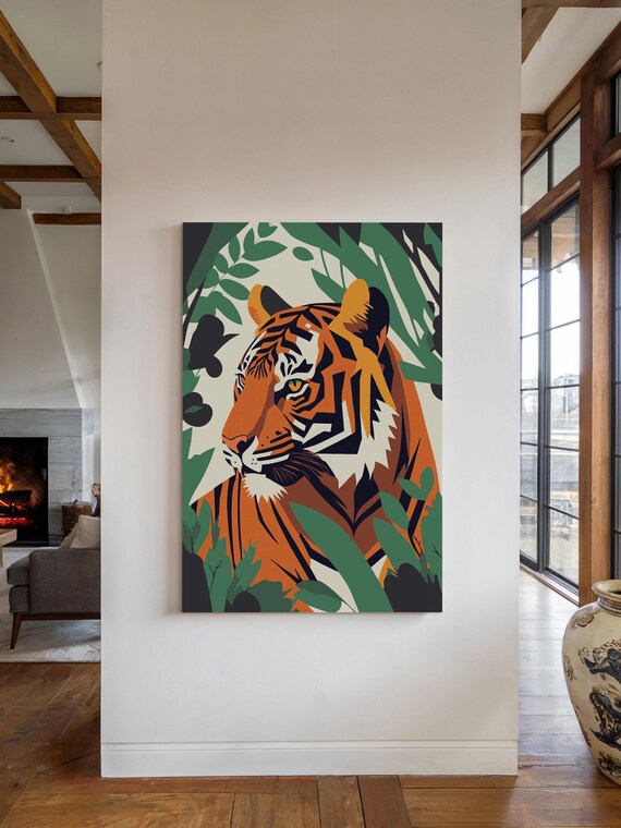Geometric Tiger Head Jungle Leaves Bold Modern Big Cat Wall Art Poster