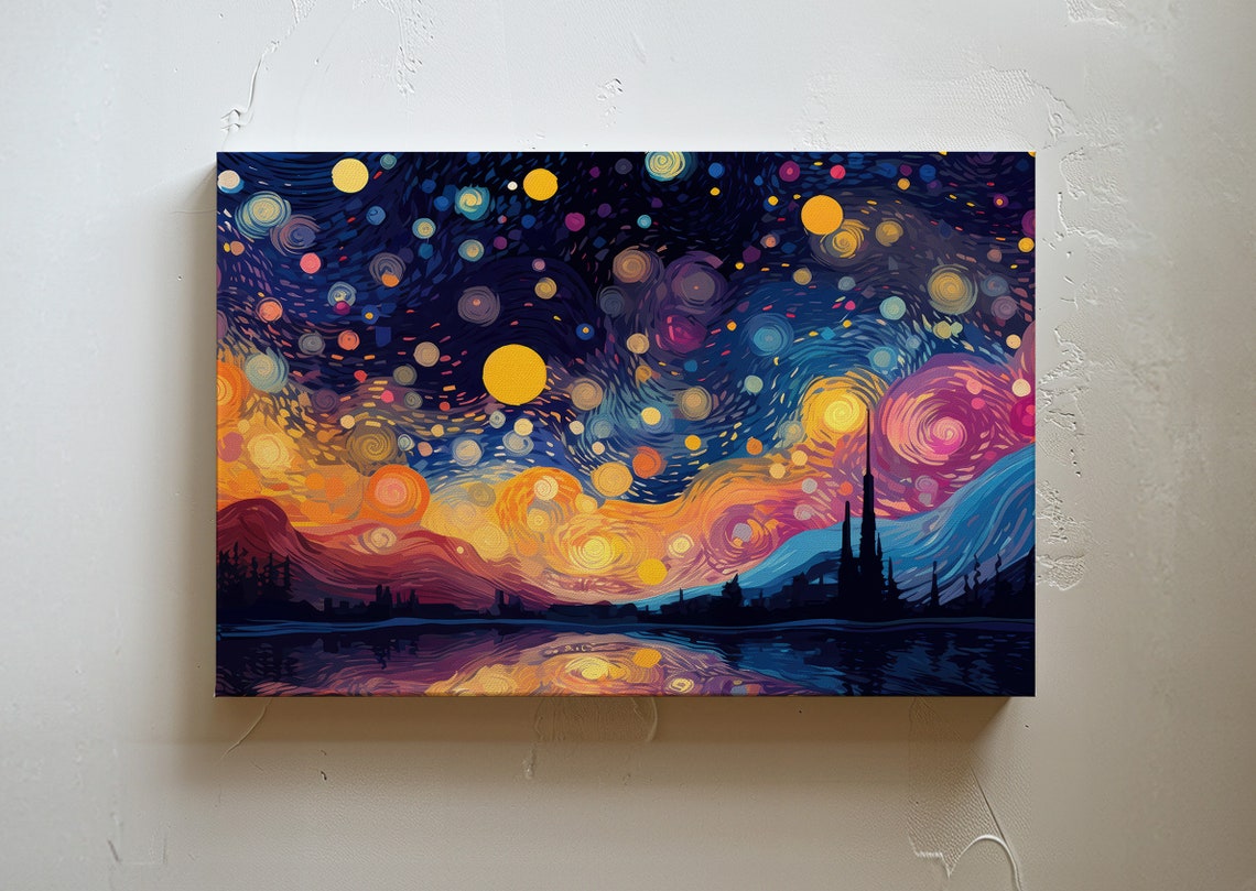 Starry Night Swirling Sky Lake Reflection Van Gogh Style Art Poster